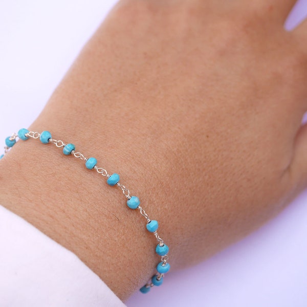 Bracelet rosaire argent 925 - Perles Pierre Turquoise naturelle - bracelet pierre bleu - chaîne argent 925 - Chapelet bleu - Argent et bleu