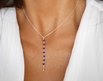 Sterling silver Lariat necklace Y - Simple Y Necklace - Minimalist lariat necklace - Electric Blue Beads necklace - Layered Y necklace