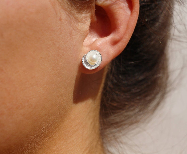 Mother's day gift-sterling silver rose chip earrings 925 and Pearl freshwater pearlesy white image 1