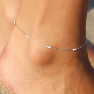 Sterling silver everyday anklet - White and silver - Ankle bracelet beach - anklet beach jewelry - delicate thin ankle - wedding jewelst