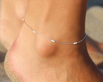 Sterling silver everyday anklet - White and silver - Ankle bracelet beach - anklet beach jewelry - delicate thin ankle - wedding jewelst