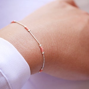 Sterling silver thin bracelet - snake chain bracelet - miyuki beads bracelet - pink beaded bracelet - colorful jewels - bridesmaid jewels
