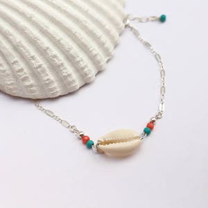 Bracelet de bras, chaîne argent massif 925, coquillage cowrie blanc, pierre turquoise et corail,bijoux de bras image 3