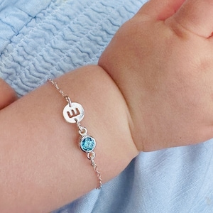 Pulsera Bebé/Niño - Plata 925 - Regalo de Nacimiento - Personalizable - Letra - Piedra de Nacimiento - Colorida - Niña o Niño -