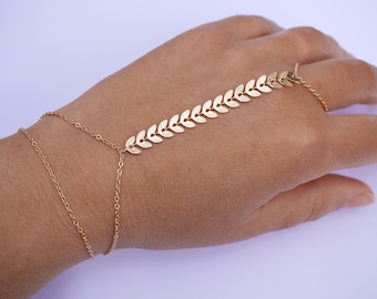 HandSchmuck - vergoldet Hand Armband - Gold Ohrkette - Doppel-Hand-Armband - Gold-Ring - Doppel-Runde-Armband - Doppel-Reihen