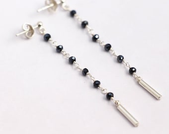 Boucles d'oreille pierres hématite gris foncé - Boucles d'oreille argent -chaîne argent -pendant d'oreille minimaliste -bijoux pierres fines