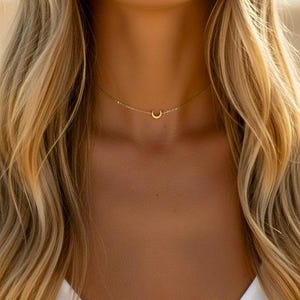 Può includere: Una delicata collana color oro con un piccolo ciondolo a forma di mezzaluna. La collana è indossata intorno al collo, con il ciondolo che poggia sul petto. Lo sfondo è sfocato, evidenziando il gioiello.