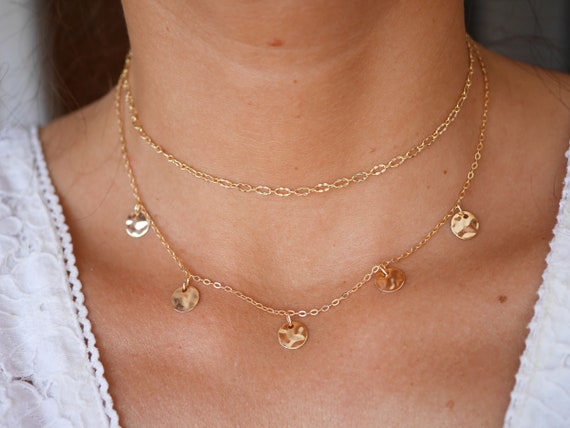 Set of 2 Gold Plated Necklaces Hammered 5 Coin Necklace Gold Chain Chocker Discs Necklaces Double Strand Necklace Gold Discs Etsy