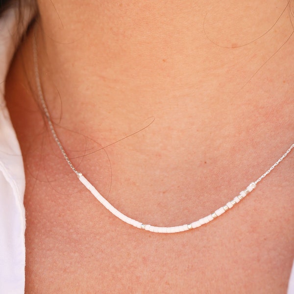 Minimalist thin White Miyuki Beads Necklace - beaded necklace - silver snake chain necklace - tiny beads necklace - White Silver jewels