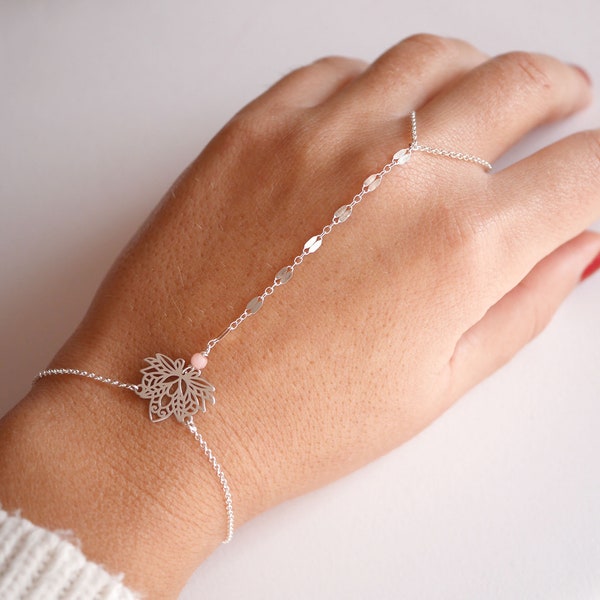 Bijoux de main fleur Lotus filigrane - bracelet argent 925 - Bracelet de main - Bague argent - bracelet main - cadeau original - Pierre rose