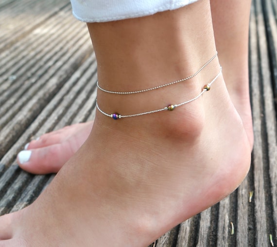 Rainbow Satellite Bead Anklet Ankle Bracelet Adjustable Sterling Silver Rainbow Satellite Bead Anklet Ankle Bracelet Adjustable Sterling Silver