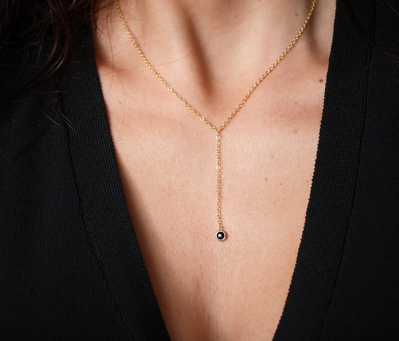 Gold Plated chain Y necklace Gold Plated jewels minimalist dainty necklace simple layering necklace Black Stone Black and Gold image 6