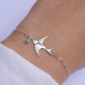 Silver Swallow Bird bracelet - Sterling silver chain - thin bracelet - Bird jewelry - wedding bridesmaid jewels - Mint Bead - gift for her