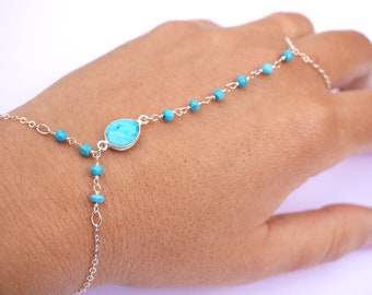 Silver Handlet - Turquoise Stone - Hand Jewelry - Sterling Silver Bracelet - Silver Ring -  Bracelet and ring jewelry - Blue Rosary chain