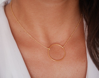 Gold Plated 1 circle necklace - Gold Plated jewels - minimalist dainty necklace - simple layering necklace - Gold disc necklace