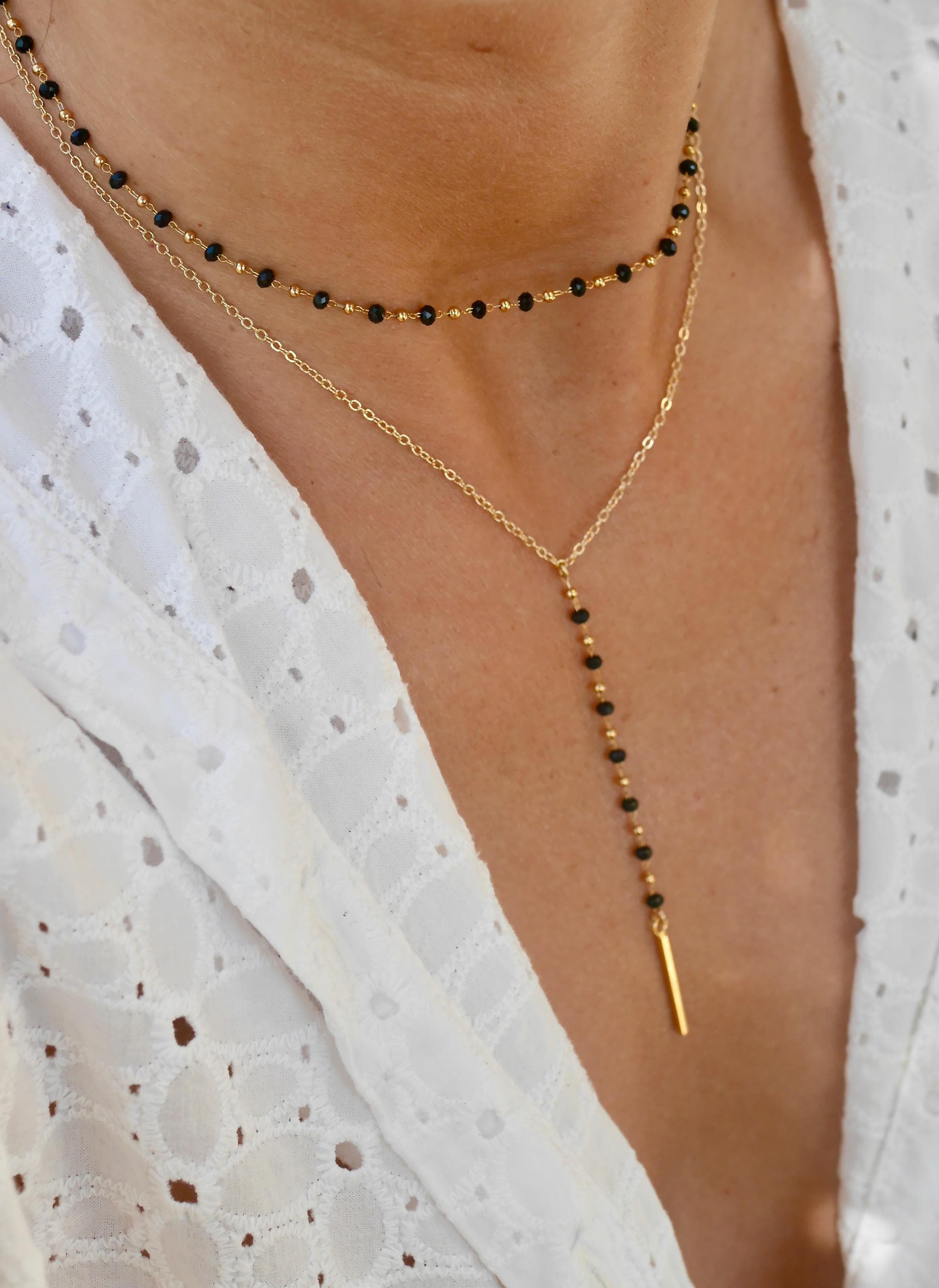 Set of two Gold Plated Necklaces - Black Glass Beads- Rosary - Lariat Y - Chocker - Long Necklace - Minimalist - Party Jewelry - Dainty