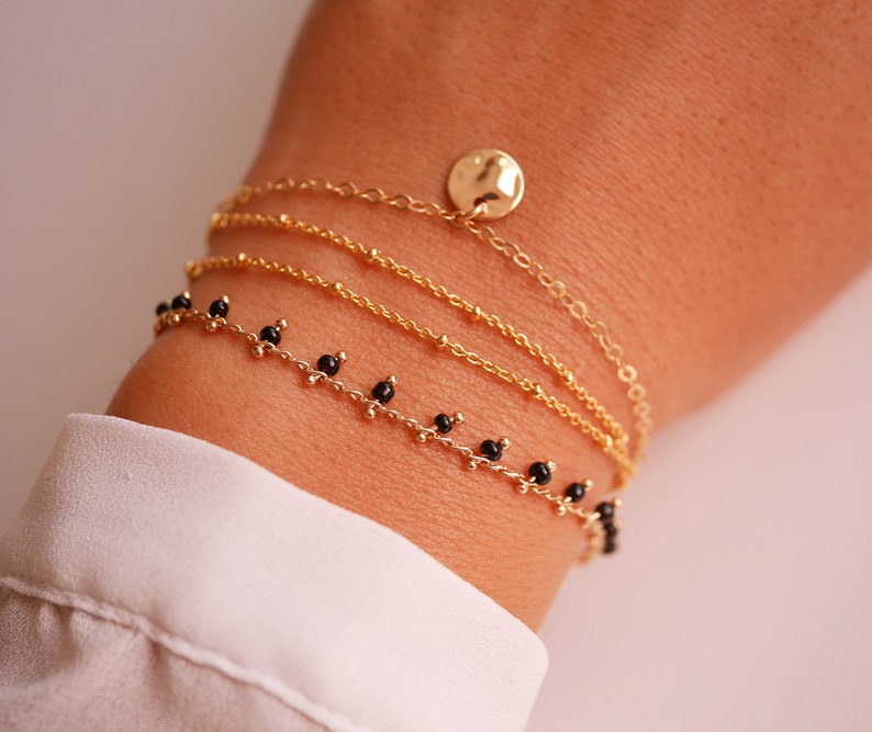 Thin bracelet Gold bracelet Set of 3 Gold Plated bracelet Satelite Christmas Gift Minimal Black beads bracelet Beaded Bracelet
