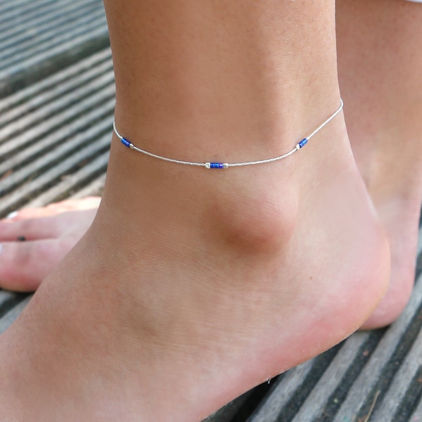 Sterling silver everyday anklet - Blue and silver - Ankle bracelet beach - anklet beach jewelry - delicate thin anklet -minimalist anklet