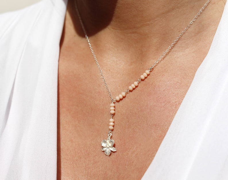 Flower charm necklace wedding jewels Set of 2 Sterling silver necklaces flower jewels choker chain bridesmaid Y necklace