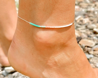 Ultra-thin ankle bracelet - 925 silver snake chain - Miyuki beads degraded coral, pink, white - Natural turquoise beads - Beach