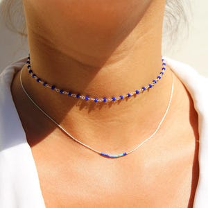 Set of 2 fine choker necklaces, silver chain and electric blue chalcedony stones, blue miyuki beads