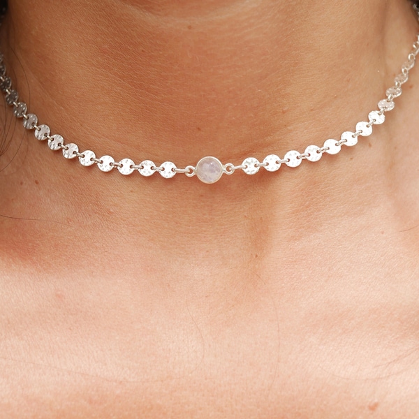 Choker Necklace - Choker - 925 Silver Circles Chain - Moonstone - Iridescent Transparent White - Short Short Necklace - Wedding -