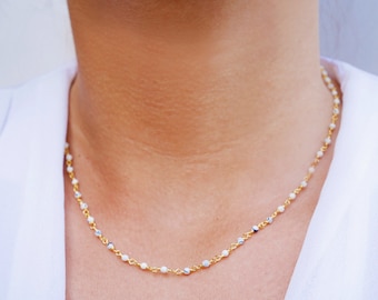 Gold Rosary chain necklace - Howlite stone necklace - gold beaded necklace - gold plated chain choker - stackable - Everyday Gold necklace