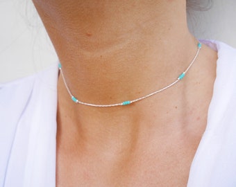 Collar de cuello de plata - cadena de serpiente de plata 925 - perlas de miyuki turquesa - gargantilla de plata - cuello de cadena fina ronda -joyería playa de verano