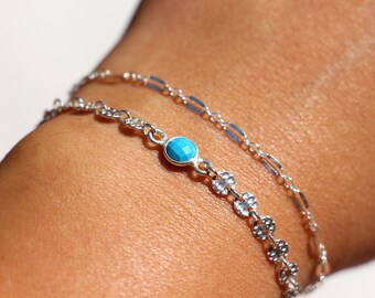 Set of 2 ultra-thin bracelets - textured circle chain in 925 silver - turquoise stone - turquoise and silver bracelet - thin silver chain