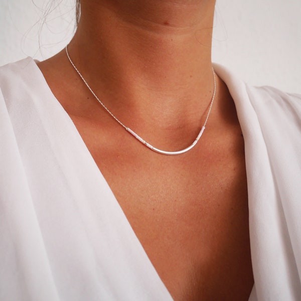 Minimalist thin White and silver necklace - beaded necklace - silver snake chain necklace - tiny beads necklace - white summer jewels