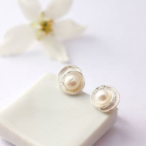 Mother's day gift-sterling silver rose chip earrings 925 and Pearl freshwater pearlesy white image 5