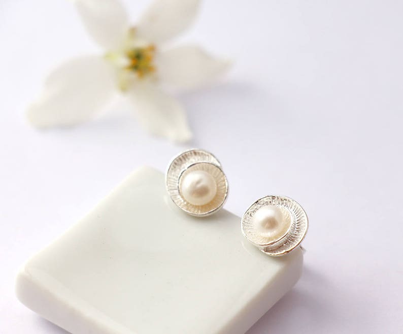 Mother's day gift-sterling silver rose chip earrings 925 and Pearl freshwater pearlesy white image 5