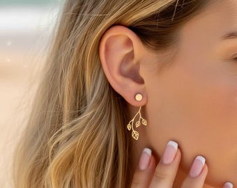 Pendientes - Chapados en oro - Ear Jacket - Oro - De adelante hacia atrás - De adelante hacia atrás - Hojas - Naturaleza - Pendientes de botón - Joyería de boda