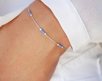 Bracelet minimaliste argent 925 - chaine serpent argent - bracelet ultra fin - perles miyuki bleu - bijoux été coloré bleu -  superposable