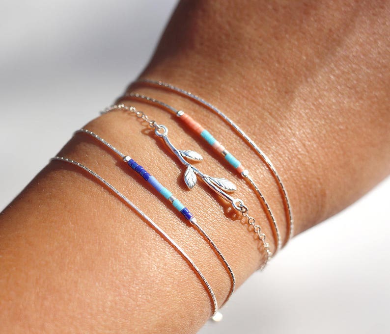 Bracelet fin double tour, chaine serpent argent massif 925, et perles miyuki bleu électrique et turquoise image 5