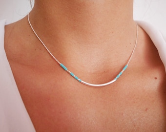 Minimalist thin Turquoise necklace - beaded necklace - silver snake chain necklace - tiny beads necklace - summer jewels - colorful necklace