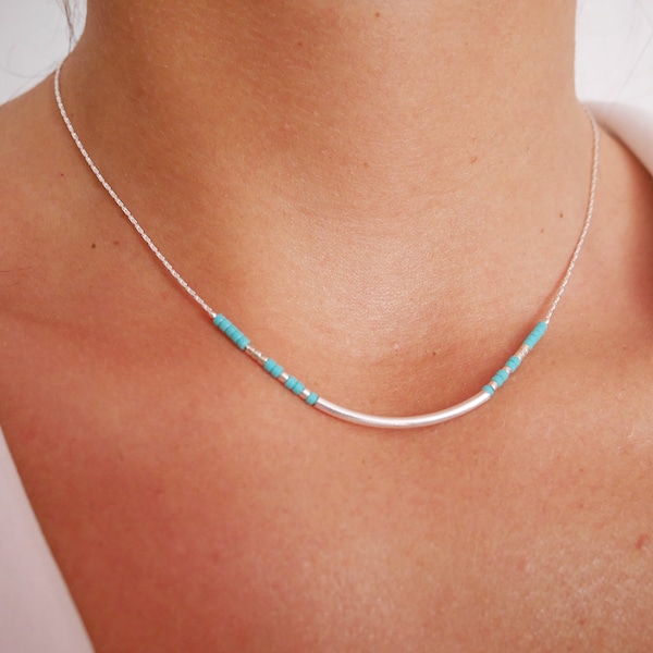 Ketting fijne turquoise steen - 925 massief zilver snake ketting - ketting choker turquoise kralen - onopvallende minimalistische ketting was