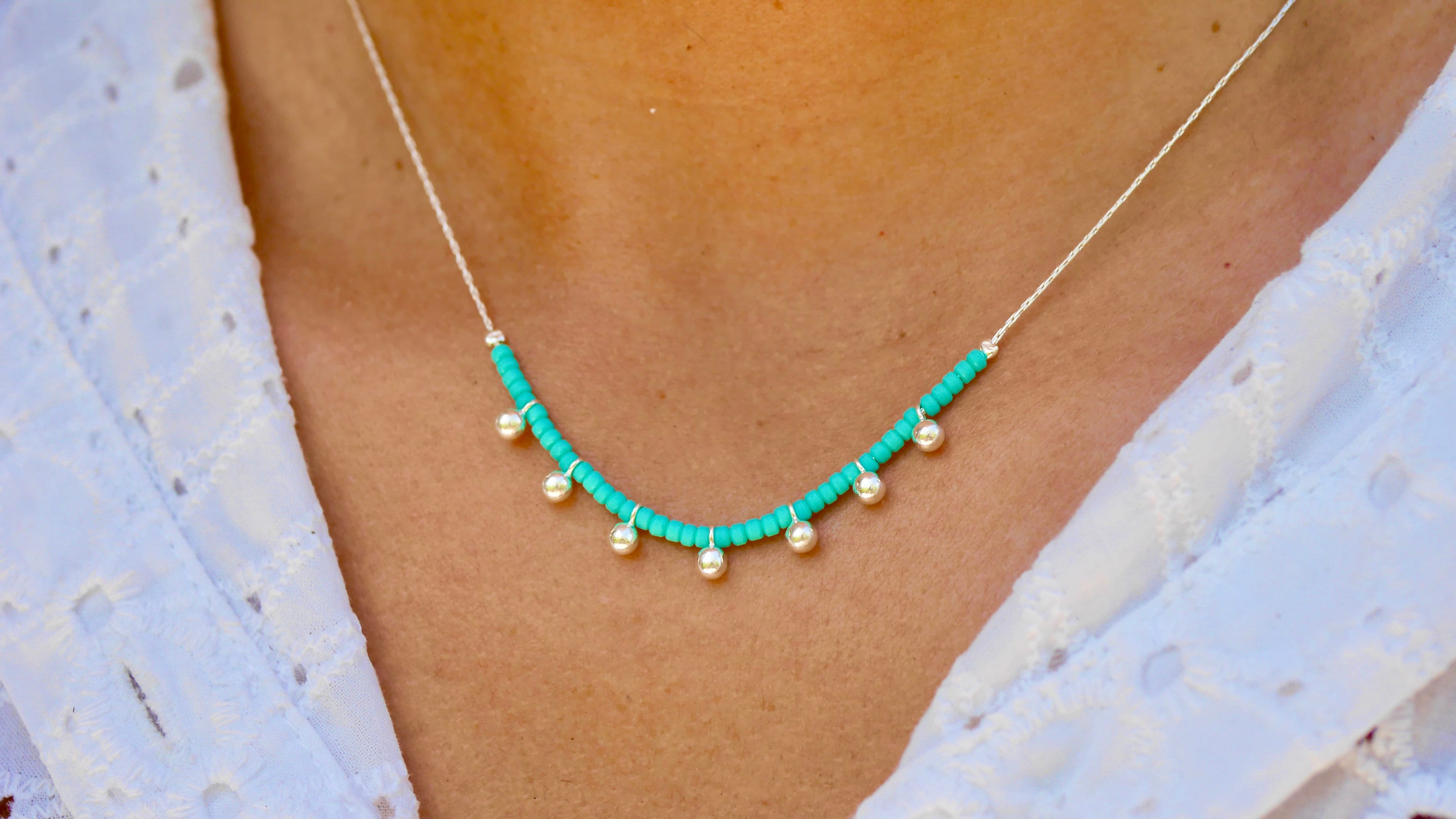 Sterling Silver Necklace - Natural Turquoise Beads Stones - Silver Balls - Everyday Jewelry - Boho - Layering - Beach Trip - Summer Jewels