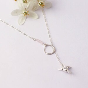Mother&#39;s Day Gift - 925 Sterling Silver Flying Hummingbird Y Necklace - Pastel Pink Glass Beads - Elegant Jewelry