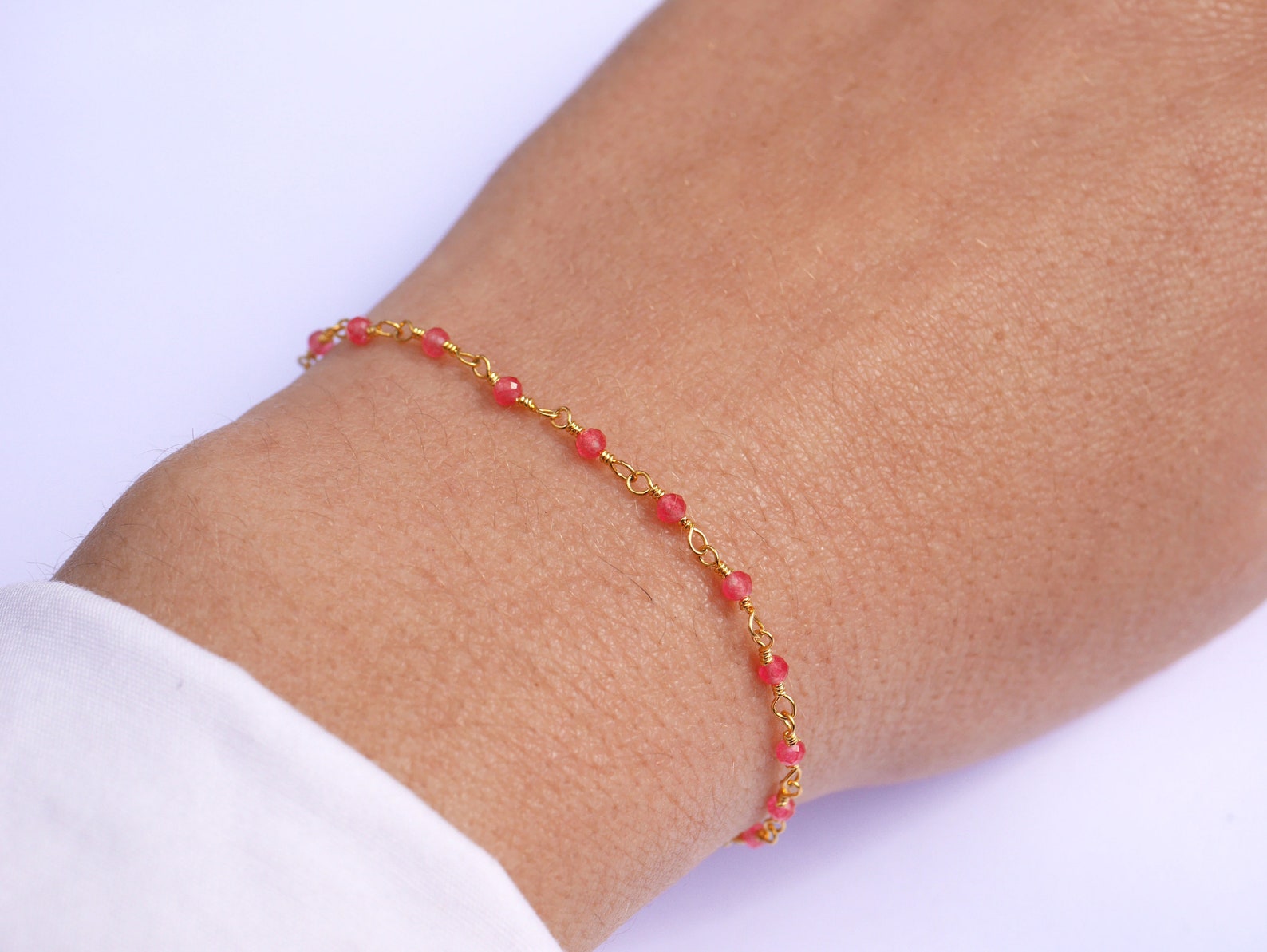 Rosary Gold Plated Chain Bracelet Thin Stone Bracelet Gold Etsy