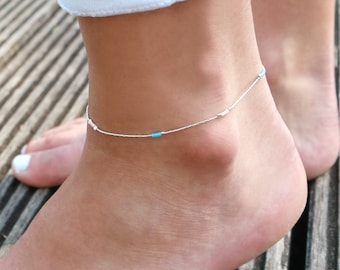 Ultra thin sterling silver anklet - turquoise and coral anklet - Ankle bracelet beach - ankle bracelet silver - delicate ultra thin anklet