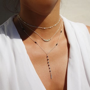 Set of 3 Sterling silver Necklaces - Lariat necklace Y - Silver chain Chocker - Feathers necklace - black hematite necklace - layered