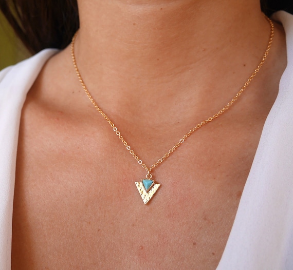 Gold Plated Chain Necklace Triangle Necklace Turquoise Stone
