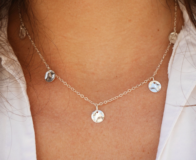 Sterling silver Hammered coins necklace sterling silver chain necklace Discs necklaces Round Charm necklace Delicate wedding jewel image 8