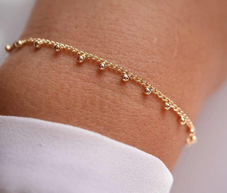 Gold Plated Balls Chain bracelet Woman Curb bracelet Gold bracelet Thin bracelet Minimal Thin Ball Stackable Wedding Jewelry image 3