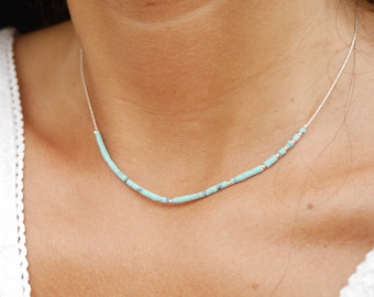 Fine turquoise choker necklace - 925 silver snake chain - Natural turquoise stone necklace - Blue-green - Minimalist - Choker - ultra fine