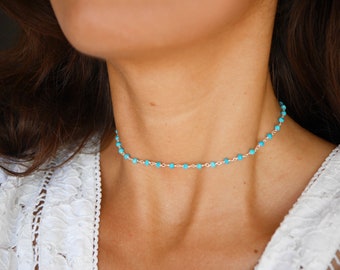 Rosary gem choker necklace - Turquoise stone necklace - Blue beaded necklace - sterling silver chain choker - stackable - Dainty Choker