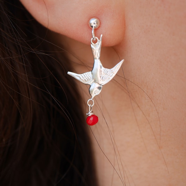Boucles d'oreille oiseaux - Oiseau Hirondelle - bijoux argent massif 925 -  Boucles d'oreille argent Sterling - Perle rouge - Hirondelle