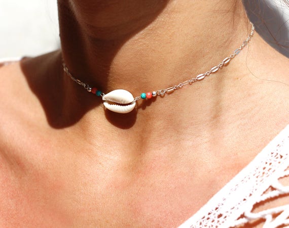 Cowrie Shell Sterling Silver Chain Choker Chocker Necklace Etsy Uk