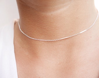 Collier choker ras du cou - collier ultra fin minimaliste - chaîne fines barres en argent massif 925 - collier argent - collier court fin